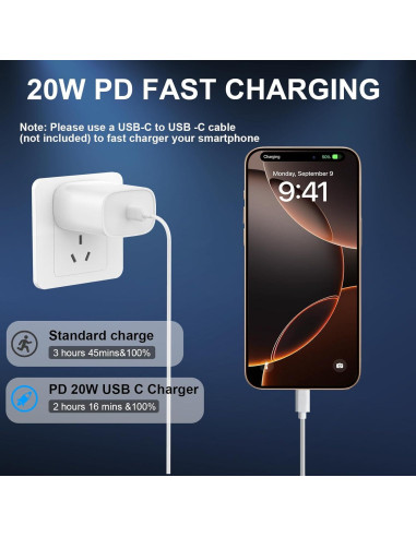 Cargador Rápido USB C 20W para iPhone 16 15 Pro Max 10FT