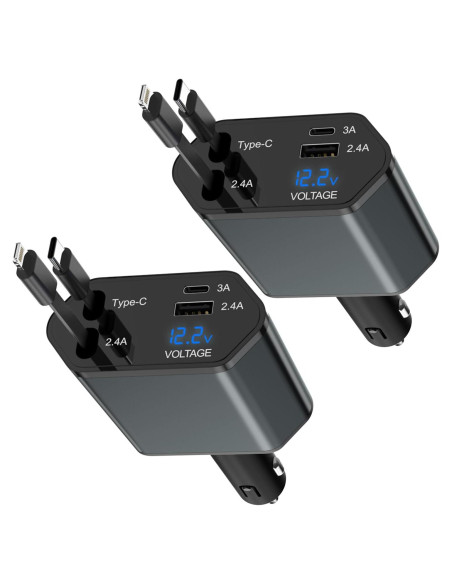Cargador de coche retráctil 66W 4 en 1 con cables USB-C y Lightning Cargador de coche retráctil 66W 4 en 1 con cables USB-C y Lightning