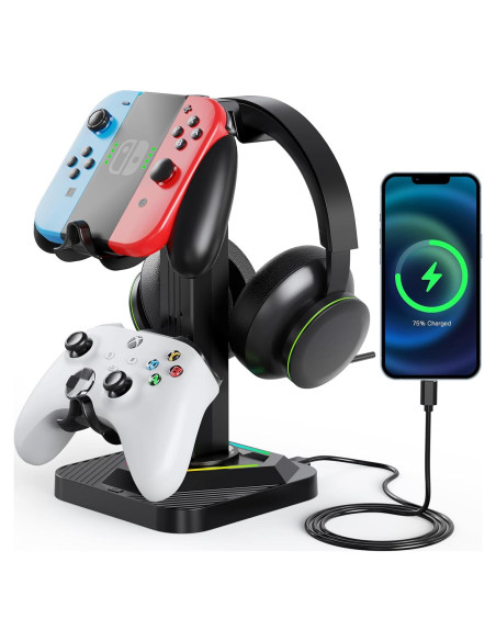 Soporte para Auriculares RGB Tawd con Carga USB y 3 Puertos HUB Soporte para Auriculares RGB Tawd con Carga USB y 3 Puertos HUB
