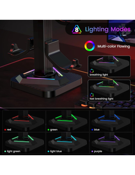 Soporte para Auriculares RGB Tawd con Carga USB y 3 Puertos HUB Soporte para Auriculares RGB Tawd con Carga USB y 3 Puertos HUB