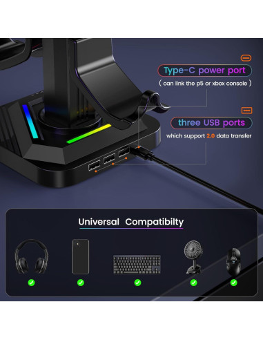 Soporte para Auriculares RGB Tawd con Carga USB y 3 Puertos HUB