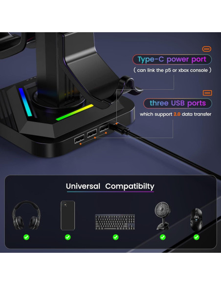 Soporte para Auriculares RGB Tawd con Carga USB y 3 Puertos HUB Soporte para Auriculares RGB Tawd con Carga USB y 3 Puertos HUB