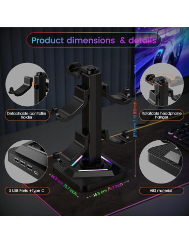 Soporte para Auriculares RGB Tawd con Carga USB y 3 Puertos HUB