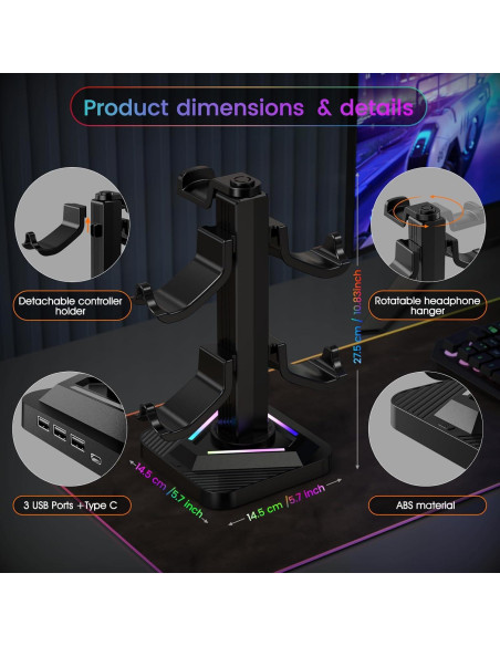 Soporte para Auriculares RGB Tawd con Carga USB y 3 Puertos HUB Soporte para Auriculares RGB Tawd con Carga USB y 3 Puertos HUB