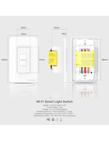 Interruptor de Luz Inteligente Filohome 2 Gang Wi-Fi 2.4GHz