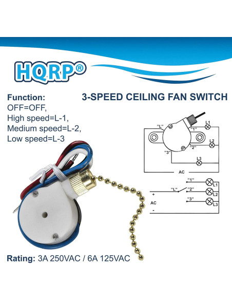 Interruptor de Ventilador de Techo HQRP 3 Velocidades 4 Hilos Interruptor de Ventilador de Techo HQRP 3 Velocidades 4 Hilos