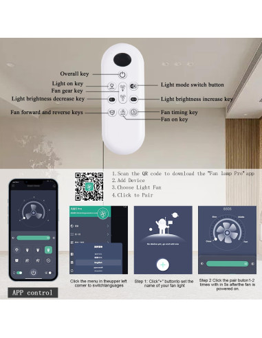 Ventilador de Techo JSAITEE 52" LED Control Remoto 8 Velocidades
