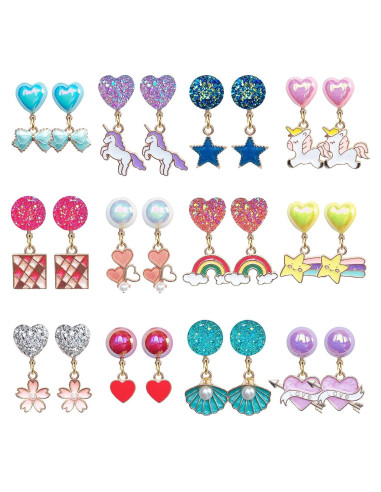 12 Pares Pendientes Clip On Joyería Unicornio Niñas 3+ Años