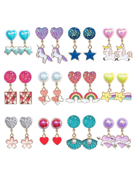 12 Pares Pendientes Clip On Joyería Unicornio Niñas 3+ Años 12 Pares Pendientes Clip On Joyería Unicornio Niñas 3+ Años