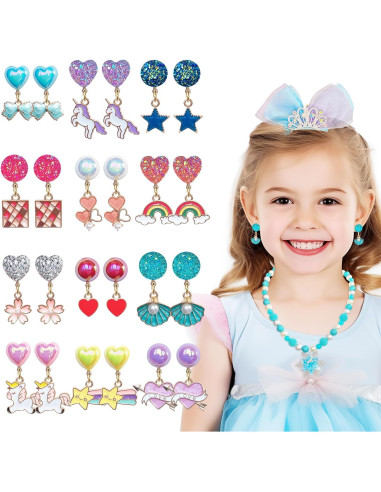 12 Pares Pendientes Clip On Joyería Unicornio Niñas 3+ Años