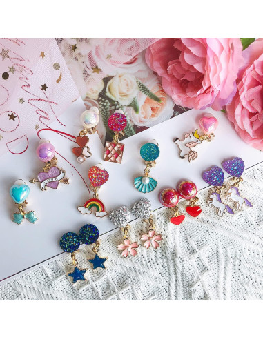 12 Pares Pendientes Clip On Joyería Unicornio Niñas 3+ Años