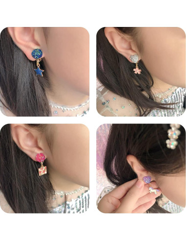 12 Pares Pendientes Clip On Joyería Unicornio Niñas 3+ Años