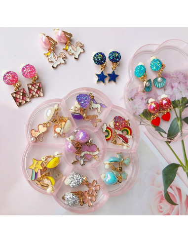 12 Pares Pendientes Clip On Joyería Unicornio Niñas 3+ Años