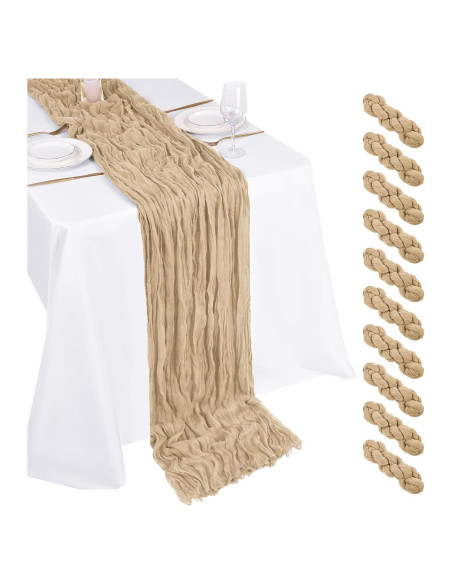 Paquete de 10 Caminos de Mesa de Gasa Beige 43x274 cm para Bodas Paquete de 10 Caminos de Mesa de Gasa Beige 43x274 cm para Bodas